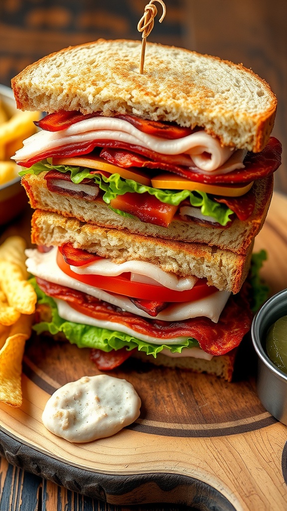 A club sandwich with turkey, bacon, lettuce, and tomato on a wooden platter with chips and pickles.